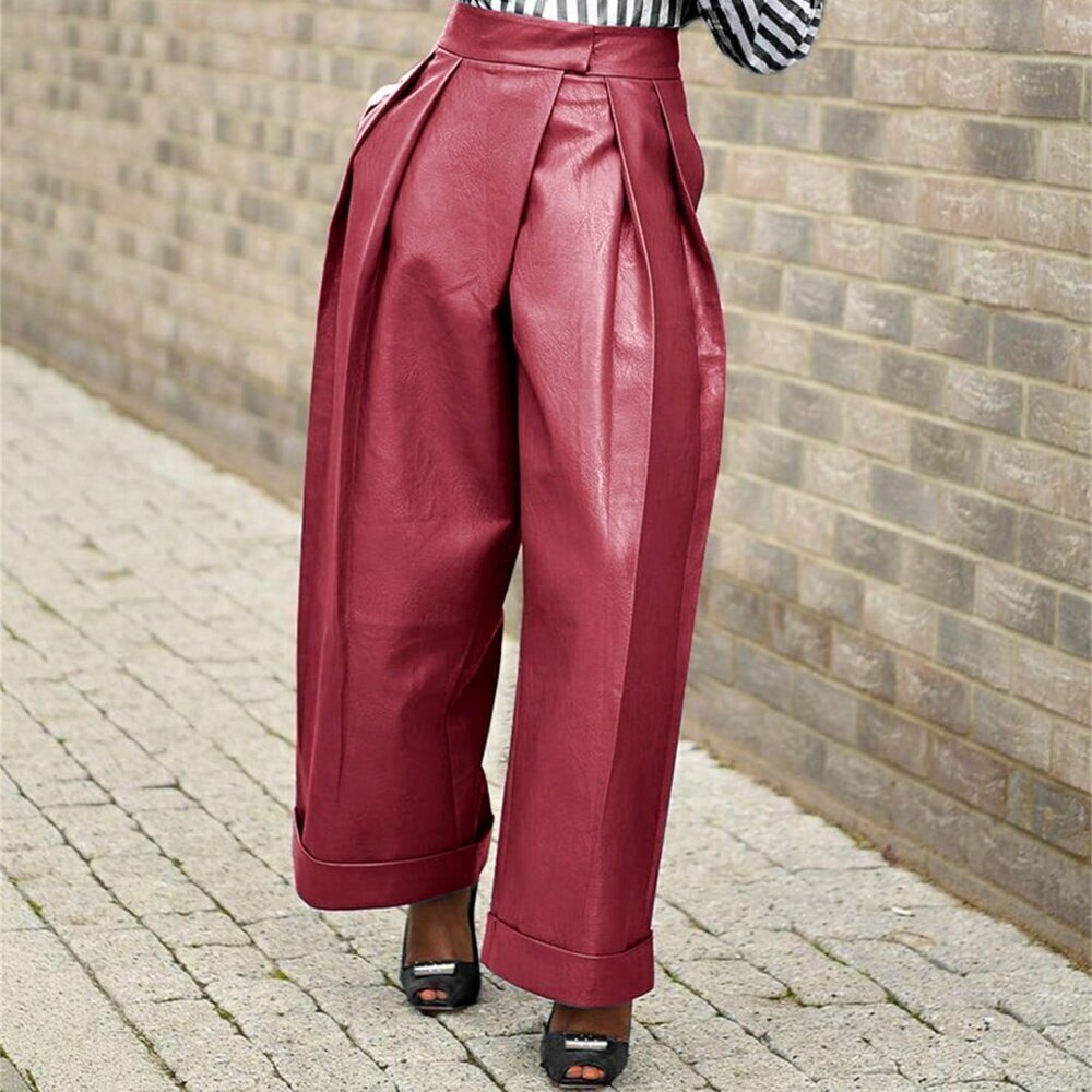 Burgundy Elegant Women's Faux Leather Baggy Pants With Pocket
